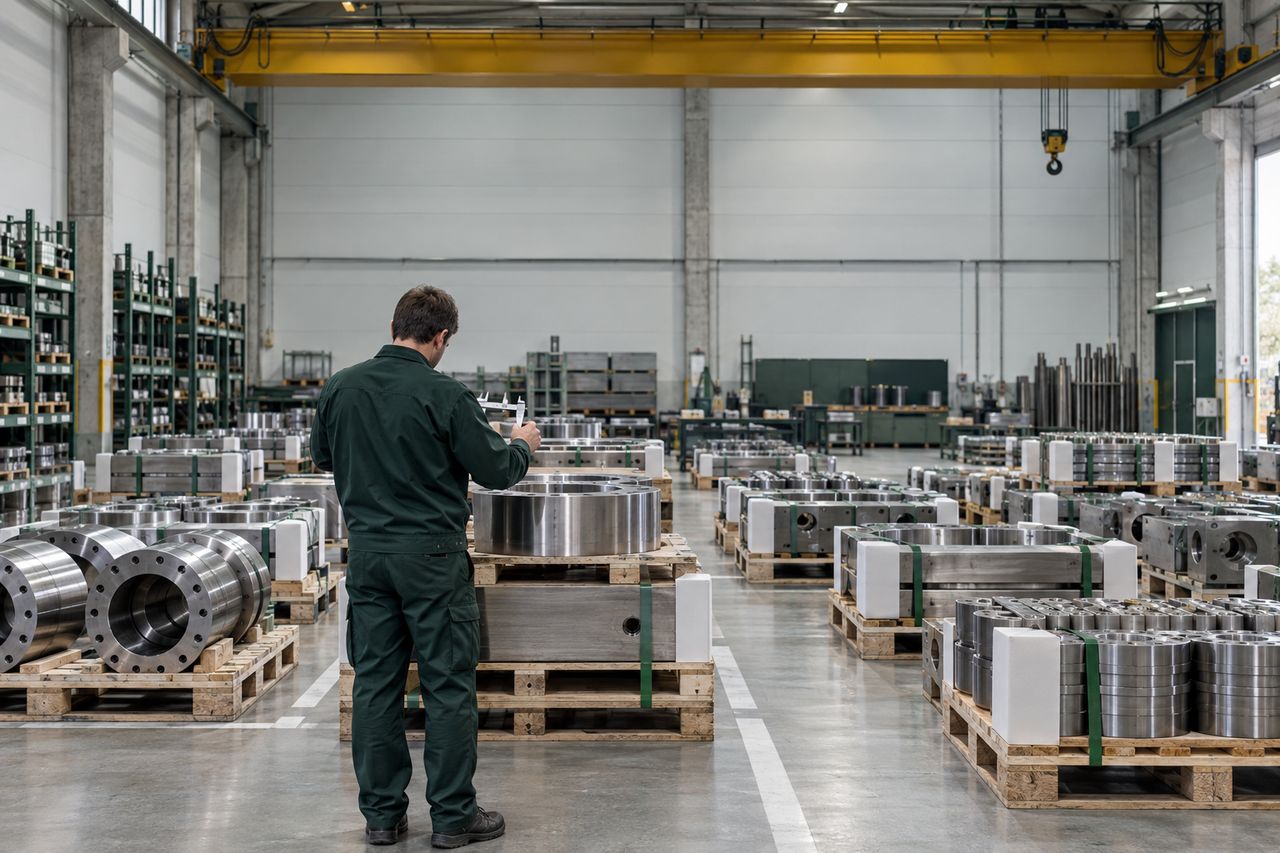 Palets de piezas mecanizadas preparados en almacén industrial vasco