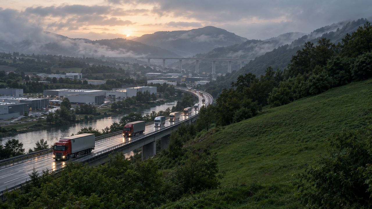 Fila de tráilers en autopista del corredor fronterizo guipuzcoano